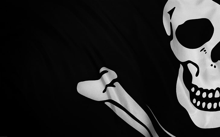 black and white skeleton printed flag, pirates, black background, HD wallpaper