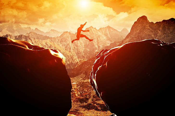 jumping landscape, one person, sunset, mountain, sky, sunlight