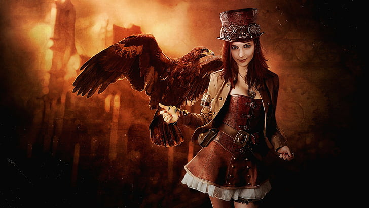 Fantasy, Women, Eagle, Girl, Hat, Steampunk, Woman, costume, HD wallpaper