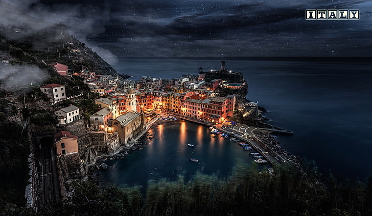 gray village, cityscape, night, lights, sea, Italy, Liguria, Vernazza