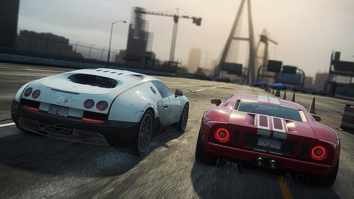 red and white sports cars, squirt, the city, race, ford gt, Bugatti Veyron 16.4 Super Sport