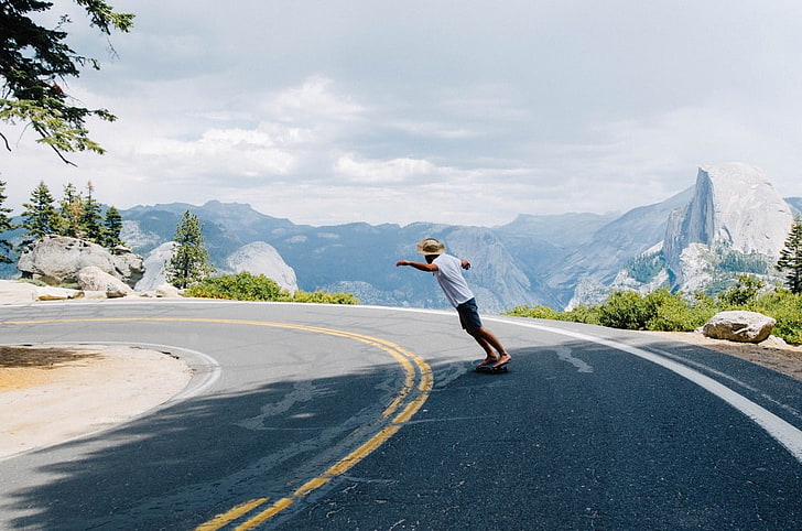 skateboarding, mountains, road, full length, one person, transportation