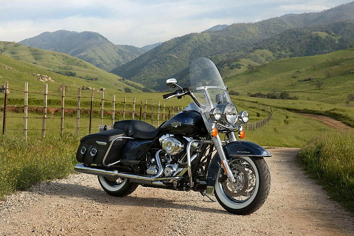 Harley Davidson, FLHRC-RoadKing, Motorcycle, Mountains, Grass, black touring motorcycle
