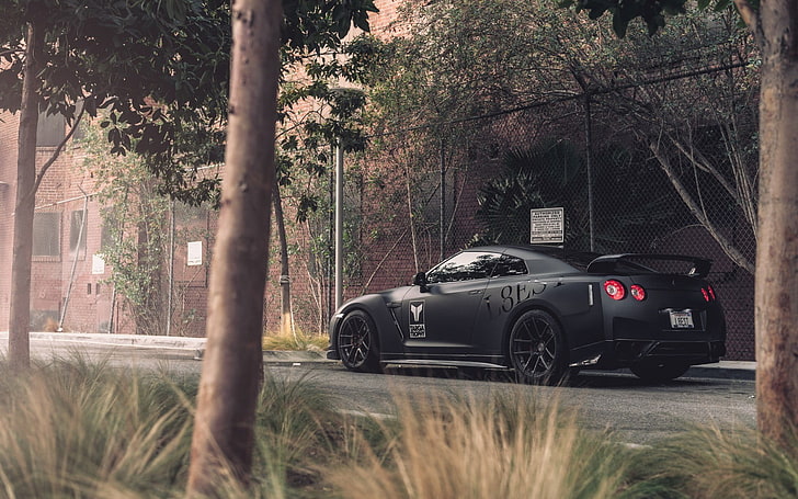 black coupe, car, street, trees, Nissan GT-R, Nissan GT-R R35