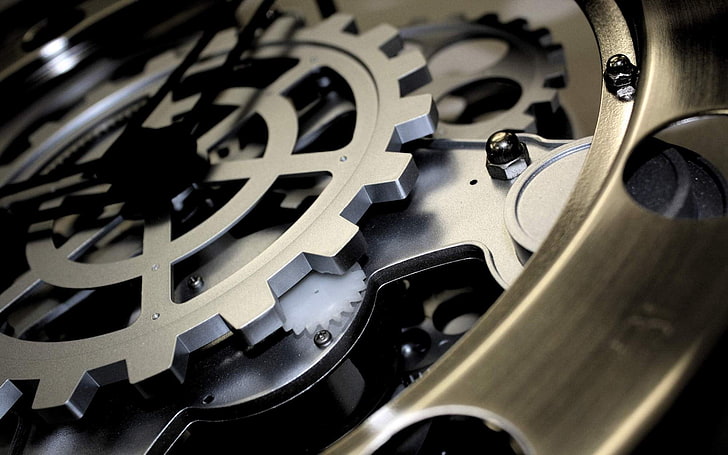 gold-colored and gray skeleton watch, clockwork, metal, machinery, HD wallpaper