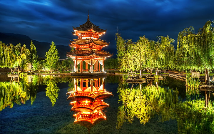 china, lijiang, pagoda, park, pond, reflection, trees, HD wallpaper
