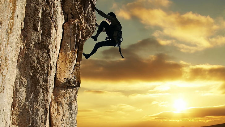 mountaineering, climb, cliff, sunset, sunray, sport, HD wallpaper