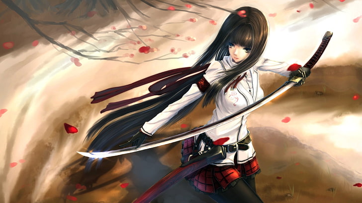 black haired woman holding sword illustration, anime girls, long hair, HD wallpaper