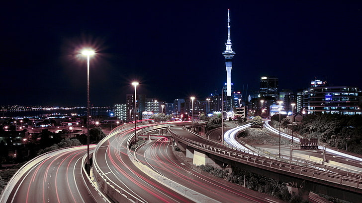 cityscape, long exposure, road, lights, Auckland, architecture, HD wallpaper