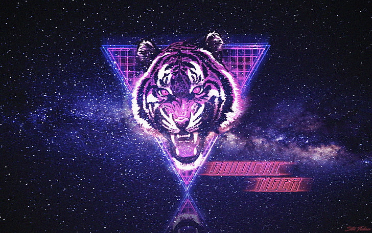 tiger illustration, space, neon, synthwave, New Retro Wave, Retrowave, HD wallpaper