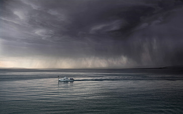 white yacht, nature, landscape, sea, storm, boat, clouds, dark