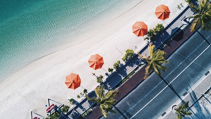 aerial view of orang parasols on seashore, beach, beach umbrella, HD wallpaper