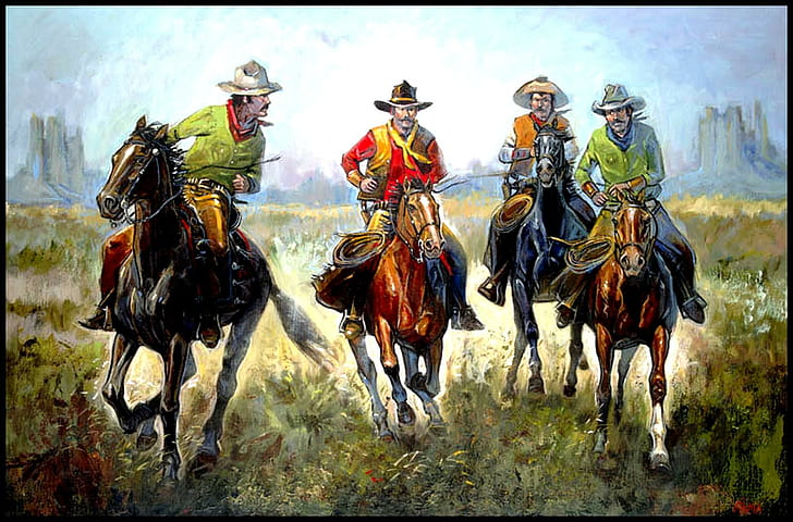 HD wallpaper: Old West Cowboys, four cowboys riding on horse illustration,  desert