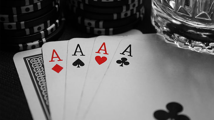 four ace of playing cards, Black, The game, White, Glass, Poker HD wallpaper