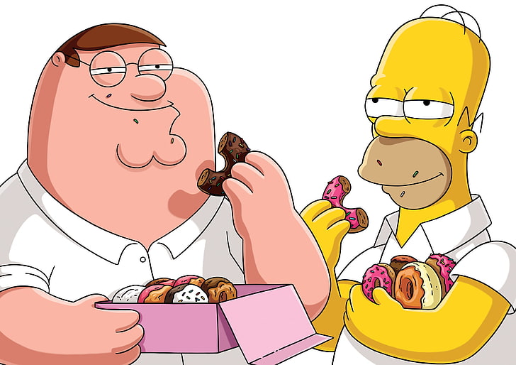 the simpsons, family guy, Homer, Peter Griffin, fat, donuts, HD wallpaper