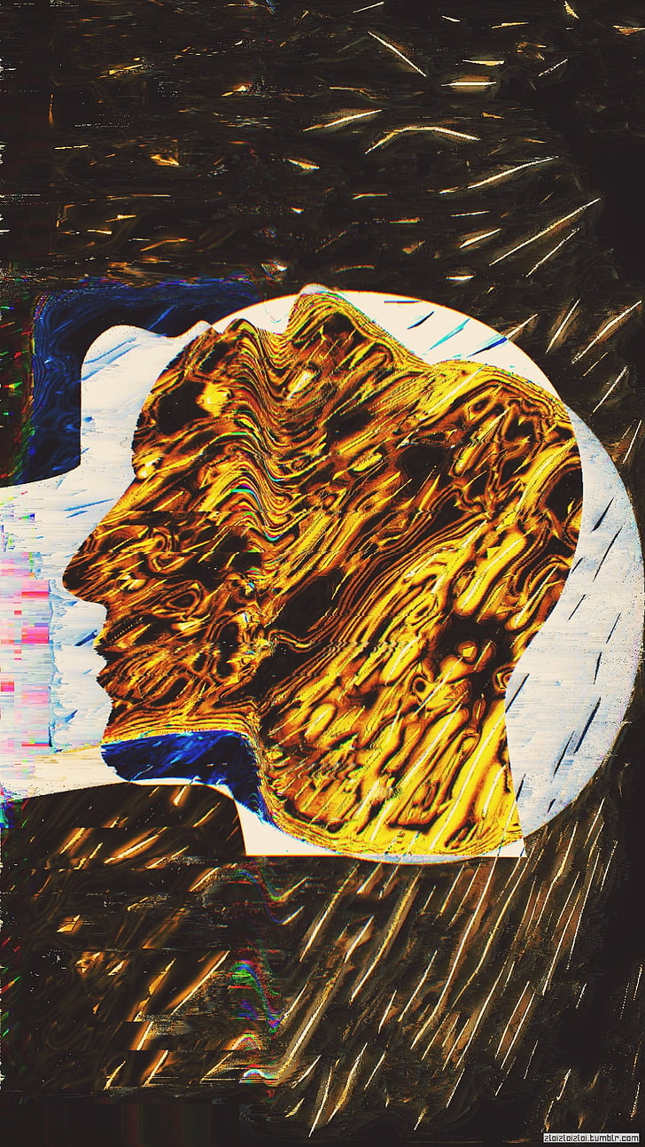 human head abstract wallpaper, glitch art, gold, face, high angle view, HD wallpaper