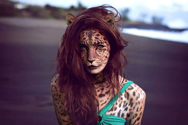 Woman, Tiger, Portrait, Hairstyle