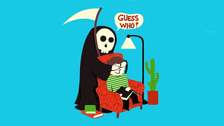 death reaper and boy sitting on sofa chair digital wallpaper