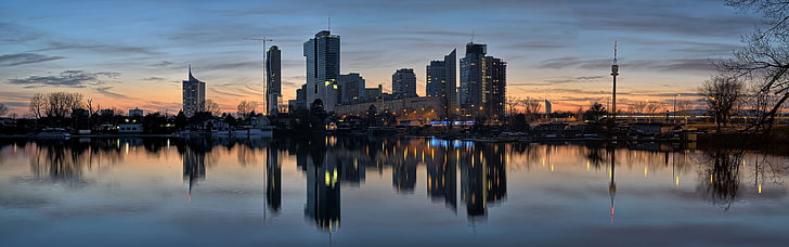 body of water, city, Vienna, Austria, reflection, multiple display