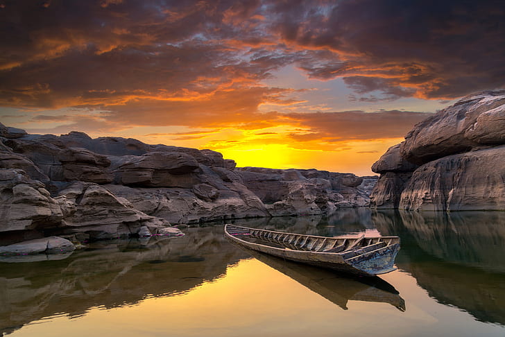 the sky, clouds, sunset, stones, rocks, boat, canyon, Thailand