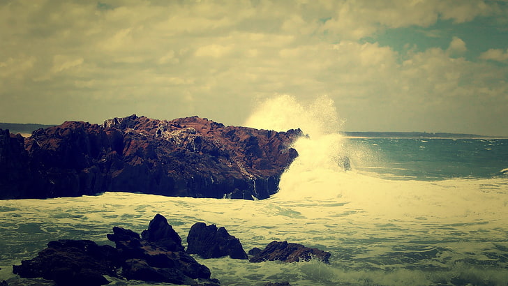 filter, nature, crash, waves, rock, sea, landscape, overcast, HD wallpaper