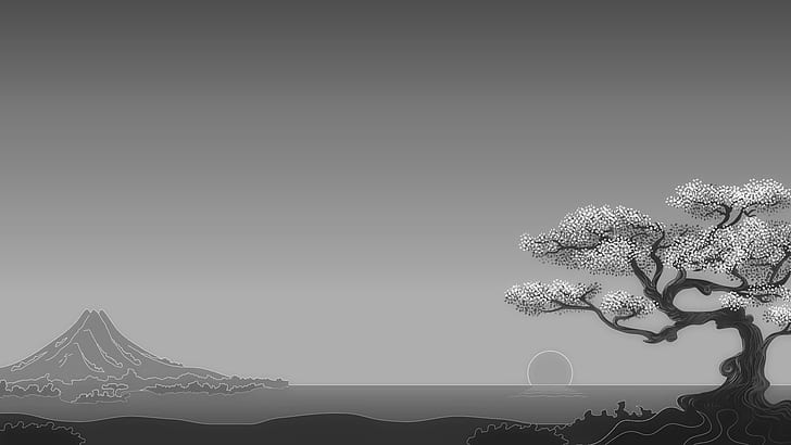 japanese digital art minimalism simple background trees nature landscape mountians horizon sun monochrome mount fuji, HD wallpaper