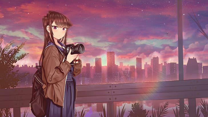 Komi-san wa, Comyushou desu., camera, outdoors, bag, sunset