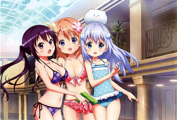 gochuumon wa usagi desu ka kafuu chino tedeza rize hoto kokoa anime girls one piece swimsuit bikini, HD wallpaper