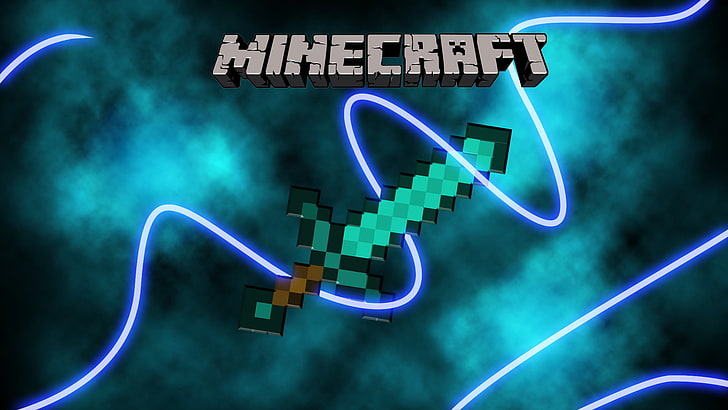Minecraft illustration, Video Game, Sword, glowing, blue, neon Light