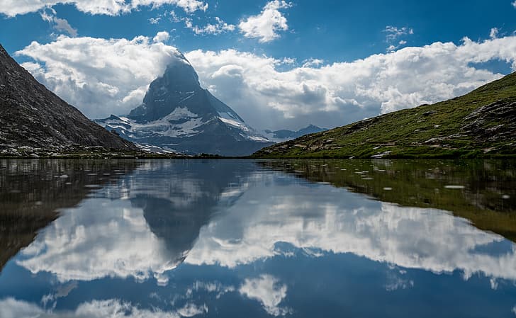 mountains, lake, reflection, Switzerland, Zermatt, Riffelsee, HD wallpaper
