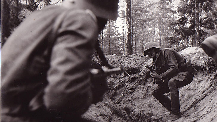 military, World War II, combat, tree, people, forest, two people