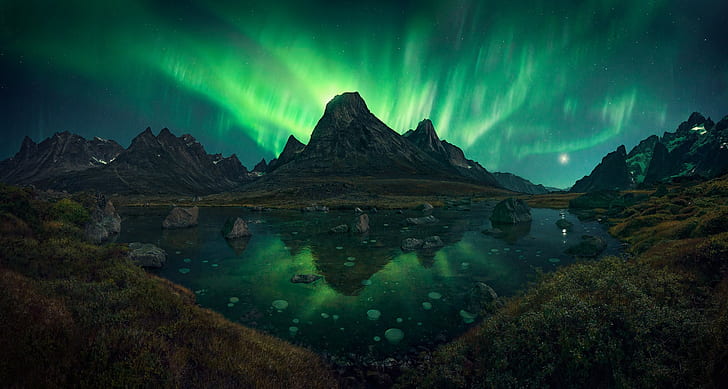 Greenland aurora, green aurora photo, mountains, best, hd, HD wallpaper