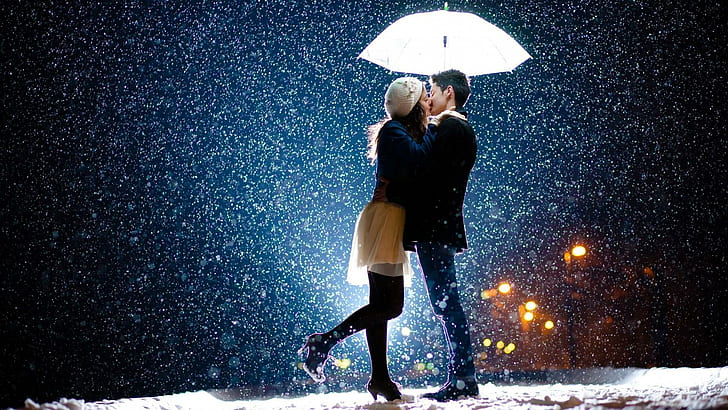 Couple Snow Rain Love, kiss, umbrella, HD wallpaper