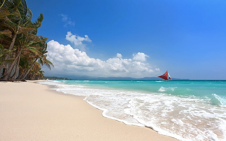 coconut trees, tropical, sailboats, beach, Boracay, island, Philippines, HD wallpaper