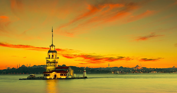 nature, Turkey, Istanbul, Kız Kulesi, sky, sunset, orange color, HD wallpaper