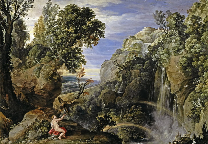 trees, rock, waterfall, picture, mythology, Paul Brill, Landscape with psyche and Jupiter, HD wallpaper