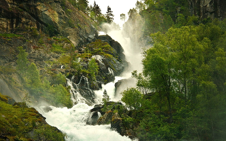 cascading waterfalls, nature, landscape, trees, rock, Amazon, HD wallpaper