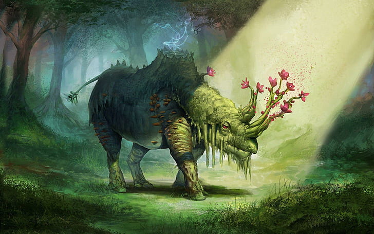 Magical forest creature, rhino with flower horns photo manipulation graphic art, HD wallpaper