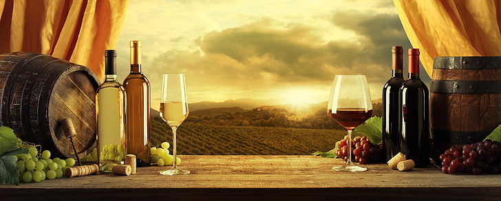 white and purple grapes beside wine display, red, glasses, tube, HD wallpaper
