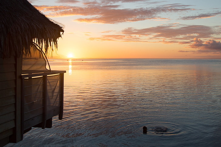 Bora Bora, pacific, sunset, sea, sunlight, water, sky, beauty in nature, HD wallpaper