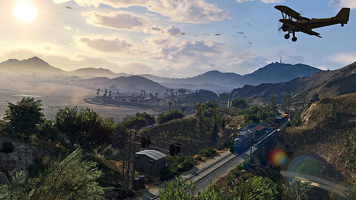 gray biplane, Grand Theft Auto V, mountain, sky, tree, beauty in nature