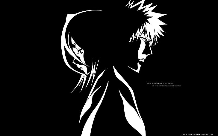 black and white anime illustration, Bleach, Kurosaki Ichigo, Kuchiki Rukia
