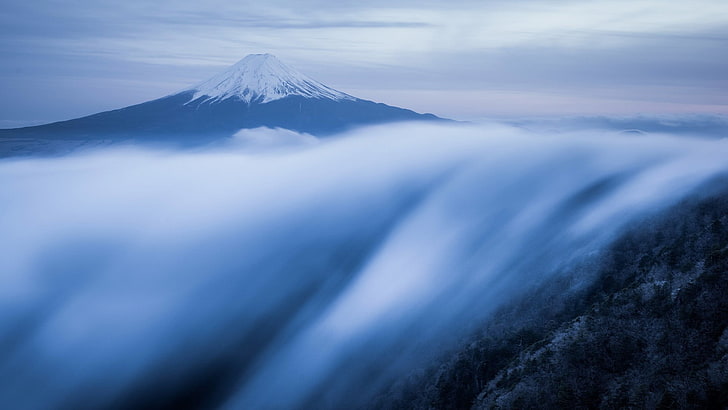 Mt. Fuji in Japan, nature, landscape, mountains, clouds, mist