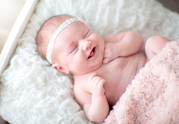 pink fur blanket, child, face, sweet, baby, kid, newborn, young, HD wallpaper