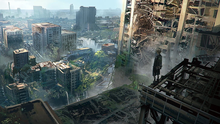 Video Game, NieR: Automata, Apocalyptic, Boy, Building, City