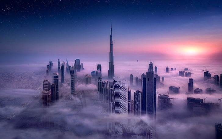 high-rise building, buildings surrounded by fog, cityscape, Burj Khalifa, HD wallpaper