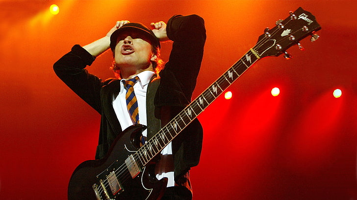 AC/DC, Angus Young, musical instrument, tie, rock and roll, HD wallpaper