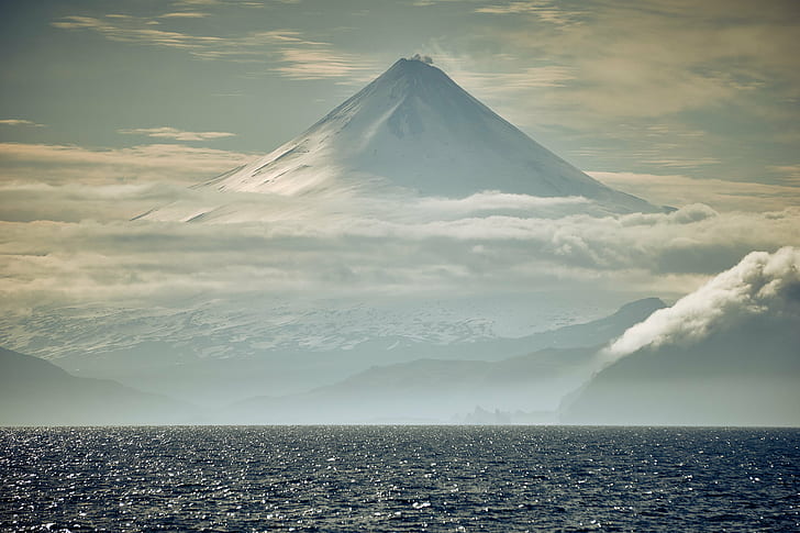 landscape photography of mountains near sea, Shishaldin, Unimak Island, HD wallpaper