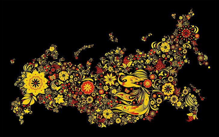 black, yellow, and red floral textile, Russia, abstract, flowers
