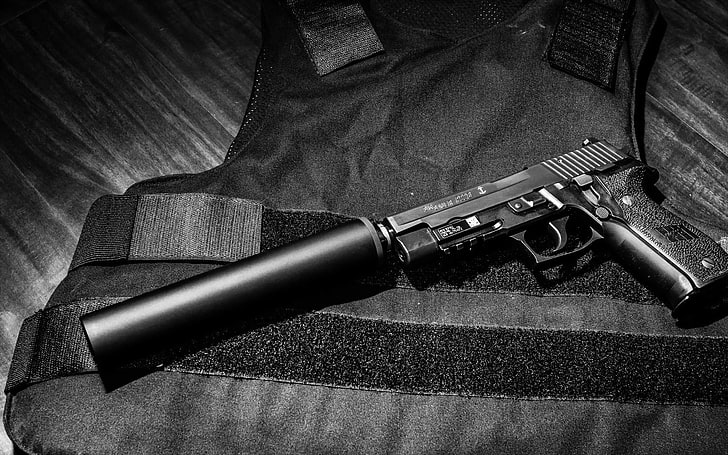 black semi-automatic pistol and suppressor, gun, muffler, Sig Sauer, HD wallpaper